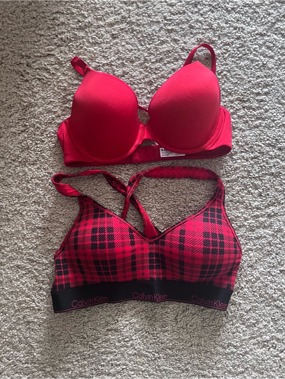 B. Tempted Red Molded Cup Bra & Calvin Klein Red Plaid Bralette Set
